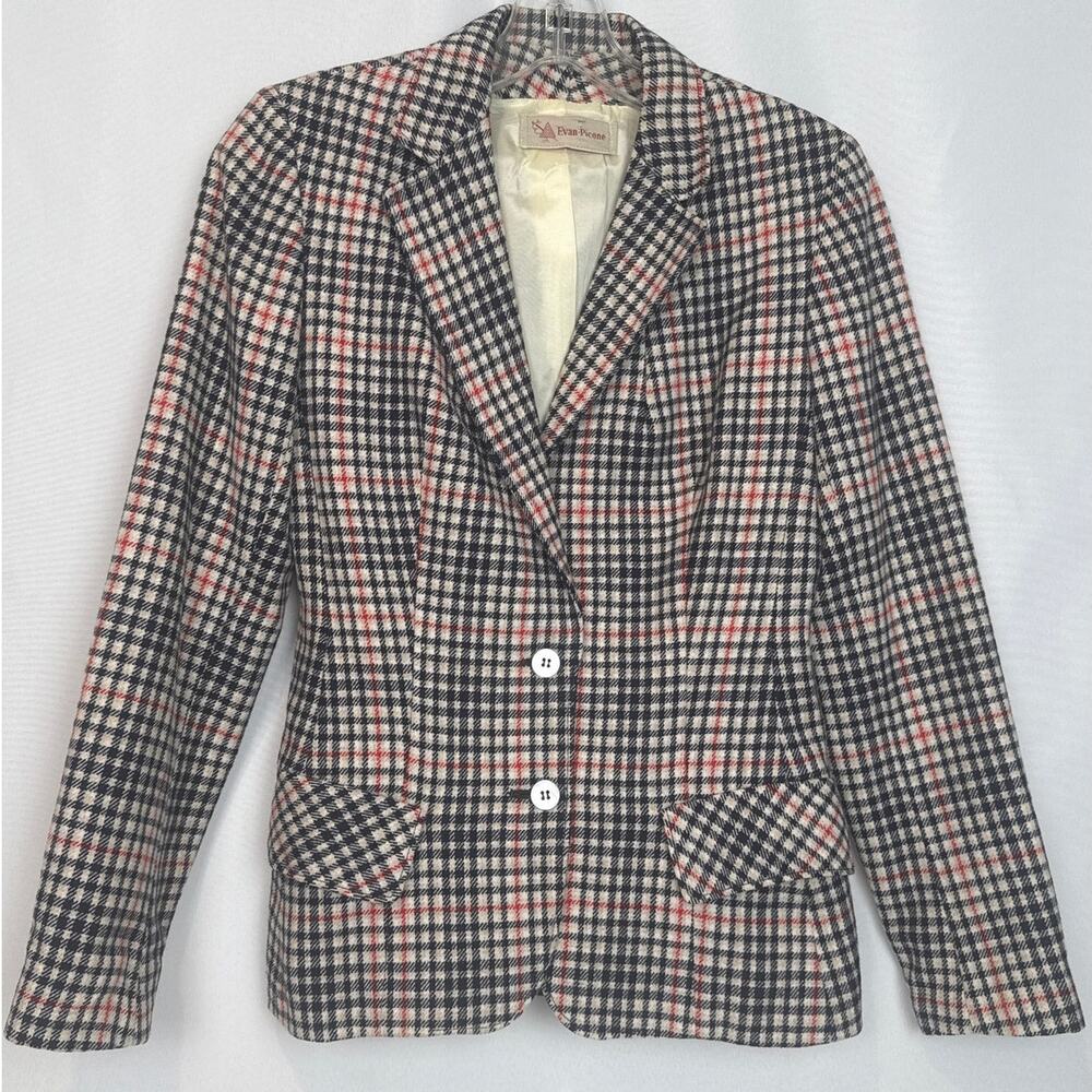 Evan-Picone Womens Vintage Plaid Wool Blazer Size 8 Black Red Houndstooth Preppy
